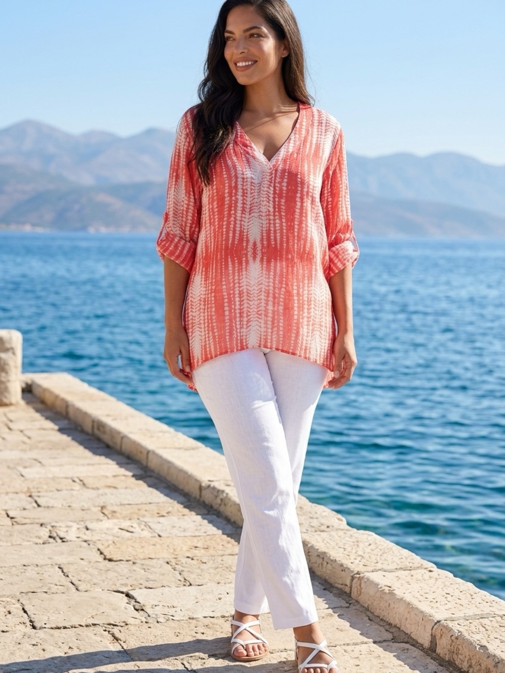 grand & greene Coral Tie-Dye V-Neck Tunic